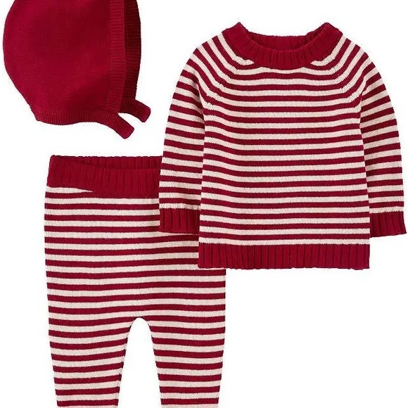Carter's Other - Carter's Red and White Striped Knit Sweater, Pants & Hat Set